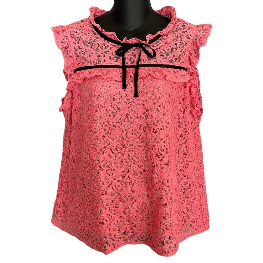 Coquette Lace Ruffled Top Size Medium Pink Black Grosgrain Ribbon Bow Fairycore